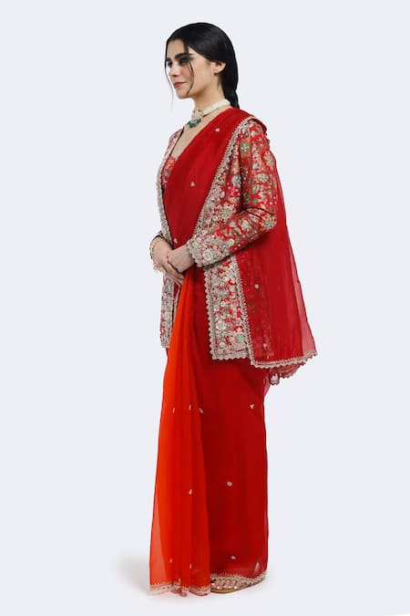 Onaya Red Organza Sequins Sweetheart , Round Embellished Jacket And Saree Set Online at Aza Fashions Onaya_Red Organza Sequins Sweetheart , Round Embellished Jacket And Saree Set _Online_at_Aza_Fashions