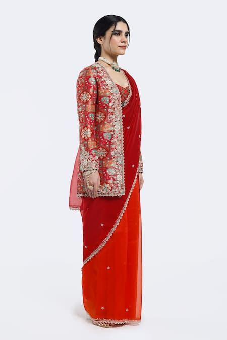 Buy Onaya Red Organza Sequins Sweetheart , Round Embellished Jacket And Saree Set Online at Aza Fashions Buy_Onaya_Red Organza Sequins Sweetheart , Round Embellished Jacket And Saree Set _Online_at_Aza_Fashions