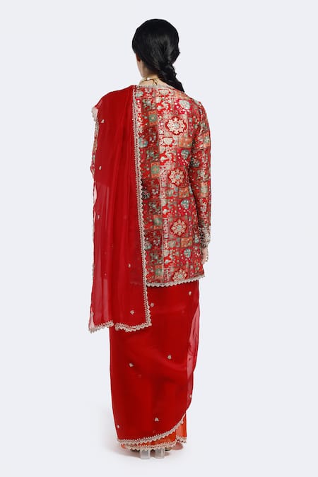 Shop Onaya Red Organza Sequins Sweetheart , Round Embellished Jacket And Saree Set at Aza Fashions Shop_Onaya_Red Organza Sequins Sweetheart , Round Embellished Jacket And Saree Set _at_Aza_Fashions