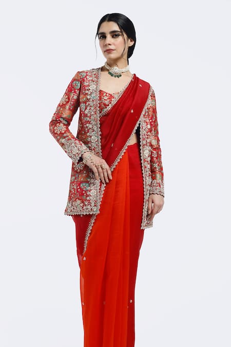 Shop Onaya Red Organza Sequins Sweetheart , Round Embellished Jacket And Saree Set Online at Aza Fashions Shop_Onaya_Red Organza Sequins Sweetheart , Round Embellished Jacket And Saree Set _Online_at_Aza_Fashions