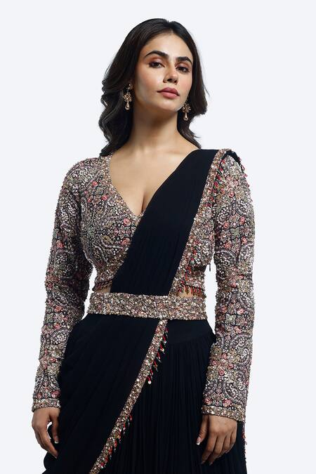 Onaya_Black Georgette Sequins, Pre-draped Lehenga Saree And Embellished Blouse Set_Online_at_Aza_Fashions