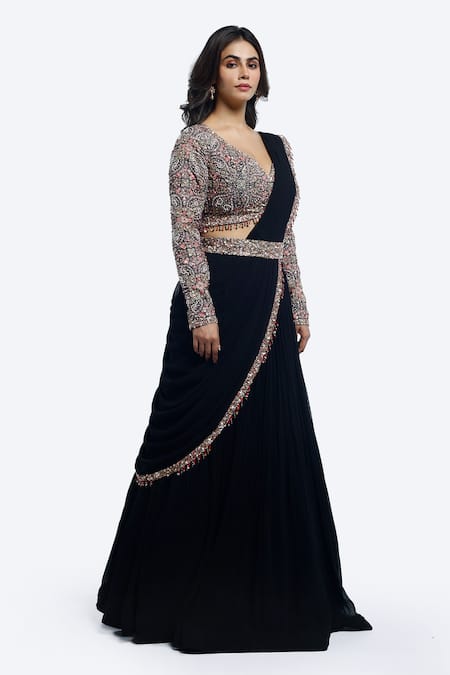 Buy_Onaya_Black Georgette Sequins, Pre-draped Lehenga Saree And Embellished Blouse Set_Online_at_Aza_Fashions