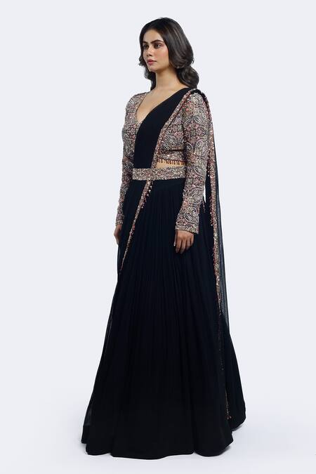 Shop_Onaya_Black Georgette Sequins, Pre-draped Lehenga Saree And Embellished Blouse Set_Online_at_Aza_Fashions
