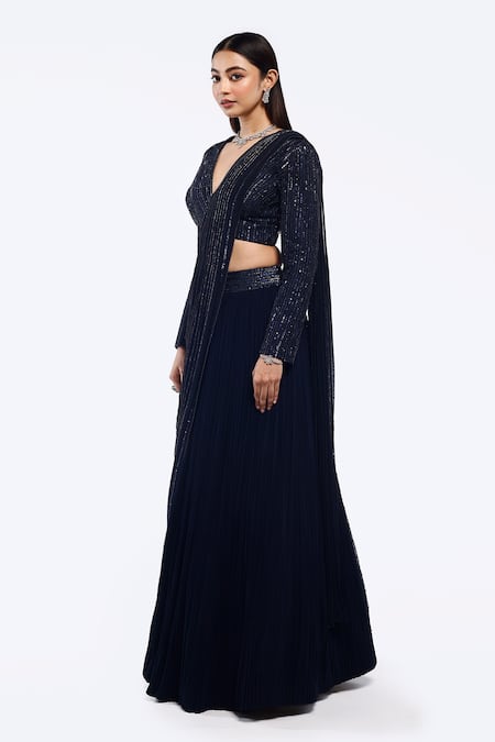Onaya_Navy Georgette Sequins V-neck Pre-draped Lehenga Saree And Embellished Blouse Set_Online_at_Aza_Fashions