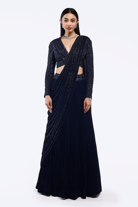 Onaya Navy Georgette Sequins V-neck Pre-draped Lehenga Saree And Embellished Blouse Set 