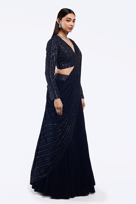 Buy_Onaya_Navy Georgette Sequins V-neck Pre-draped Lehenga Saree And Embellished Blouse Set_Online_at_Aza_Fashions