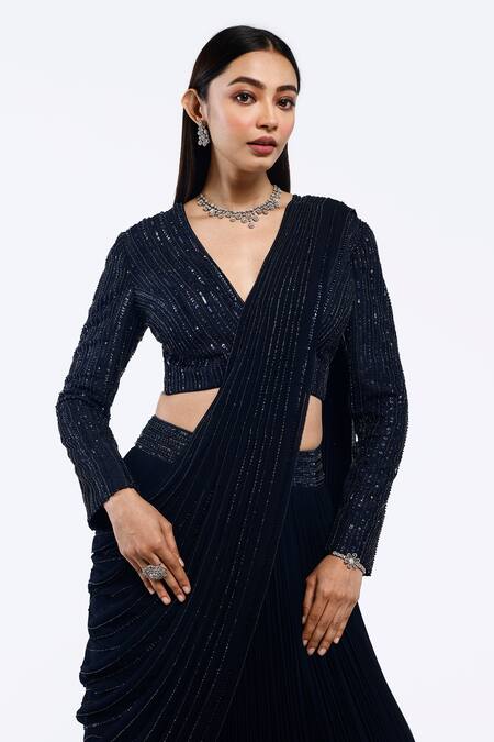 Shop_Onaya_Navy Georgette Sequins V-neck Pre-draped Lehenga Saree And Embellished Blouse Set_Online_at_Aza_Fashions