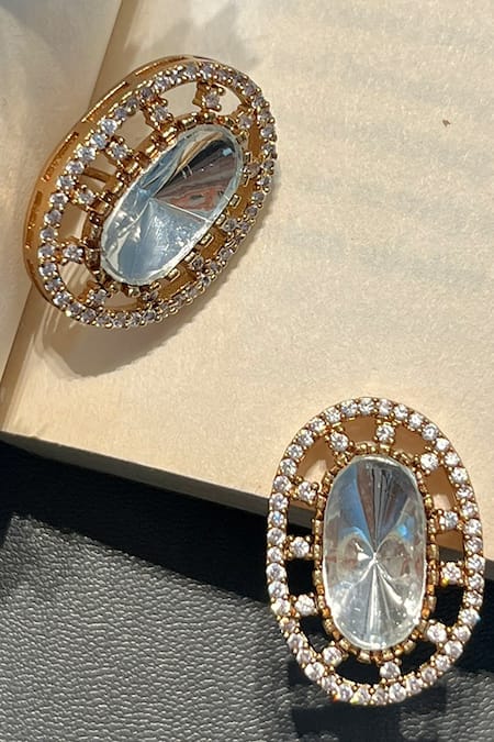 Prestones Gold Finish Polki Zircon Stud Earrings 