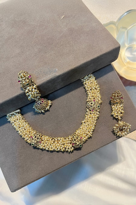 Buy_Prestones_Gold Plated Pearls, Stones Finish Guccha Necklace Set _Online_at_Aza_Fashions