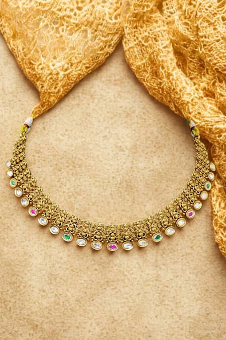 Prestones Multi Color Stones Gold Finish Meshwork Necklace Set