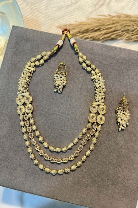 Prestones Gold Plated Pearls Finish Layered Necklace Set 