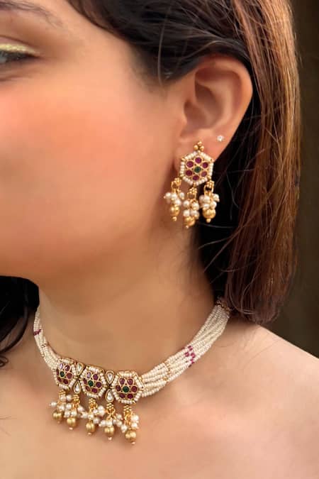 Prestones_Multi Color Pearls, Stones Gold Finish And Motif Set _Online_at_Aza_Fashions