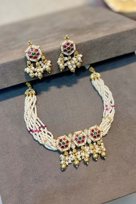 Buy_Prestones_Multi Color Pearls, Stones Gold Finish And Motif Set _Online_at_Aza_Fashions