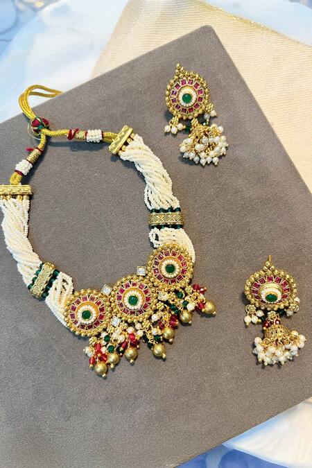 Prestones_Multi Color Pearls, Stones Motif Necklace Set _Online_at_Aza_Fashions