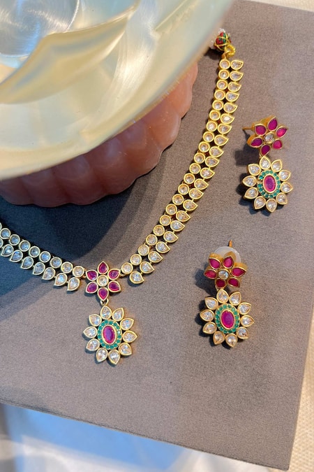 Prestones Multi Color Gold Finish Temple Necklace Set Online at Aza Fashions Prestones_Multi Color Gold Finish Temple Necklace Set _Online_at_Aza_Fashions