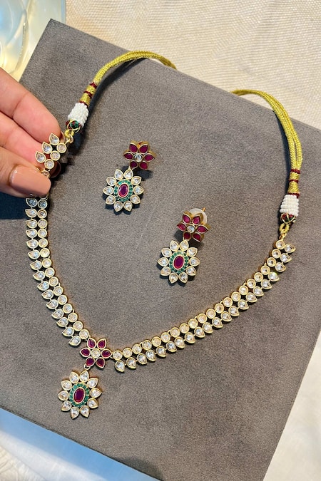 Prestones Multi Color Gold Finish Temple Necklace Set 