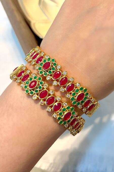 Prestones_Multi Color Zari Zircon Studded Temple Bangle Set _Online_at_Aza_Fashions