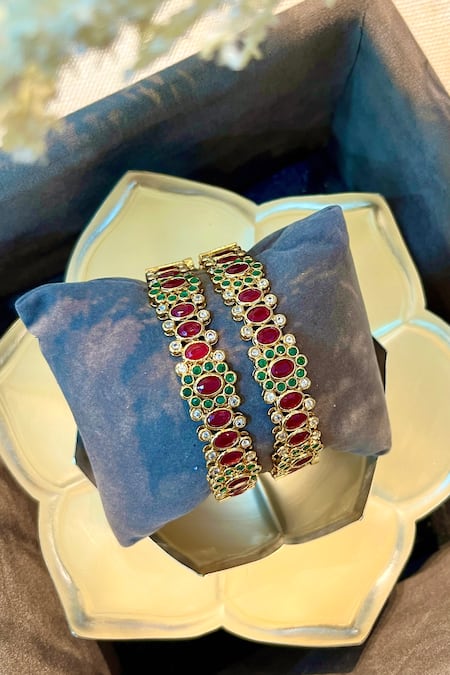 Buy_Prestones_Multi Color Zari Zircon Studded Temple Bangle Set _Online_at_Aza_Fashions