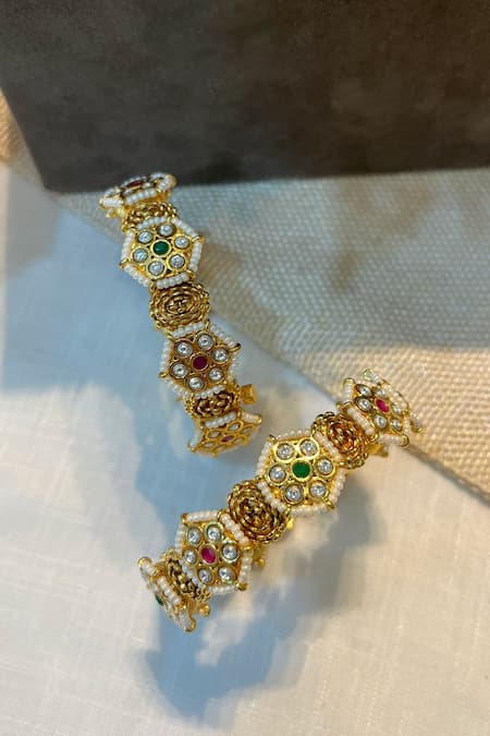 Prestones_Multi Color Gemstones, Pearls Gold Finish Temple Bangle Set _Online_at_Aza_Fashions