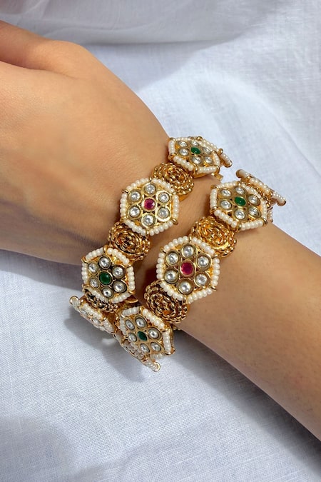 Buy_Prestones_Multi Color Gemstones, Pearls Gold Finish Temple Bangle Set _Online_at_Aza_Fashions