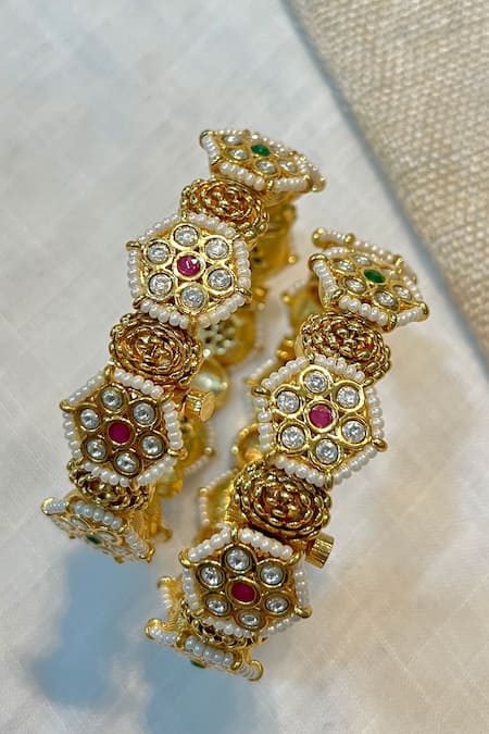 Prestones Gold Finish Temple Pearl Bangle Set 