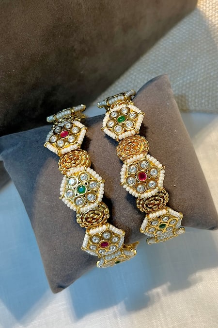 Shop_Prestones_Multi Color Gemstones, Pearls Gold Finish Temple Bangle Set _Online_at_Aza_Fashions