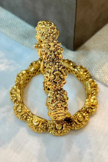 Prestones_Gold Plated Finish Carved Temple Bangle Set _Online_at_Aza_Fashions