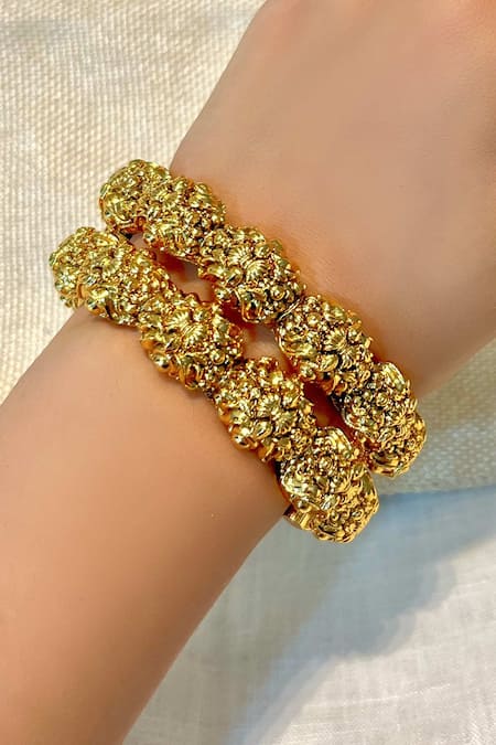 Prestones Gold Finish Carved Temple Bangle Set 
