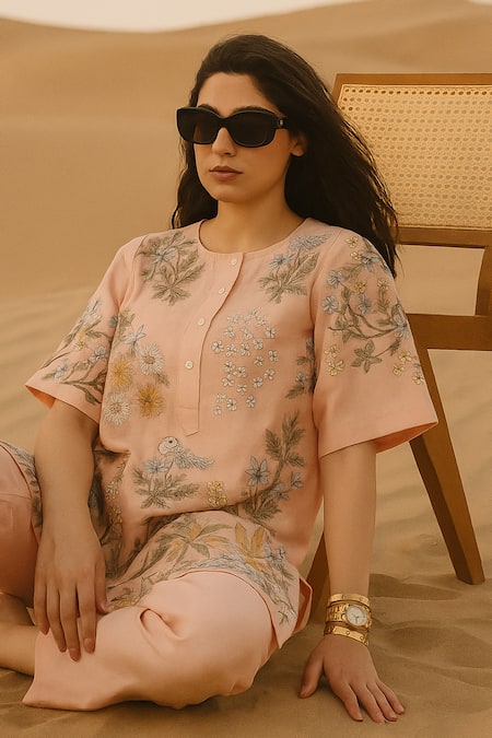 Buy_Samatvam By Anjali Bhaskar_Pink Chanderi Embroidery Round Neck Falak Tunic With Pant _Online_at_Aza_Fashions