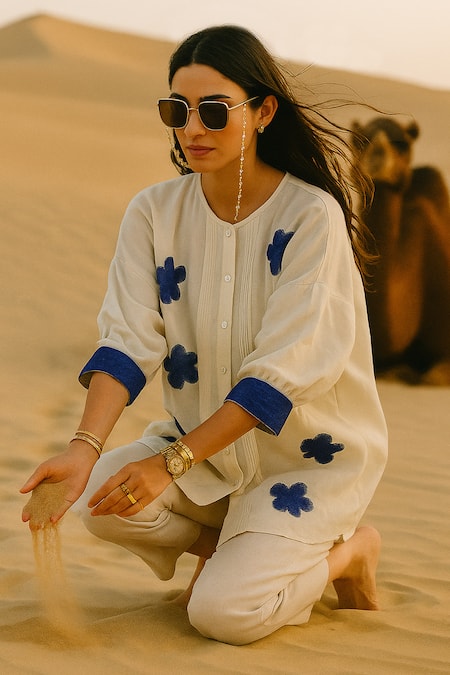 Buy_Samatvam By Anjali Bhaskar_Cream Embroidery Round Neck Aabroo Tunic With Pant _Online_at_Aza_Fashions