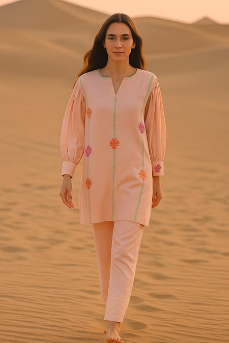 Samatvam By Anjali Bhaskar Pink Chanderi Embroidery Notched Neck Antra Tunic With Pant