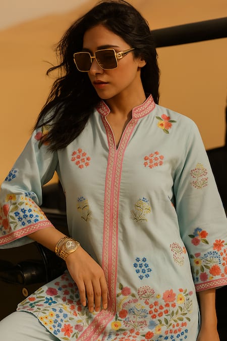 Samatvam By Anjali Bhaskar_Blue Cotton, Silk Embroidery Collared Gulrang Tunic With Pant _Online_at_Aza_Fashions