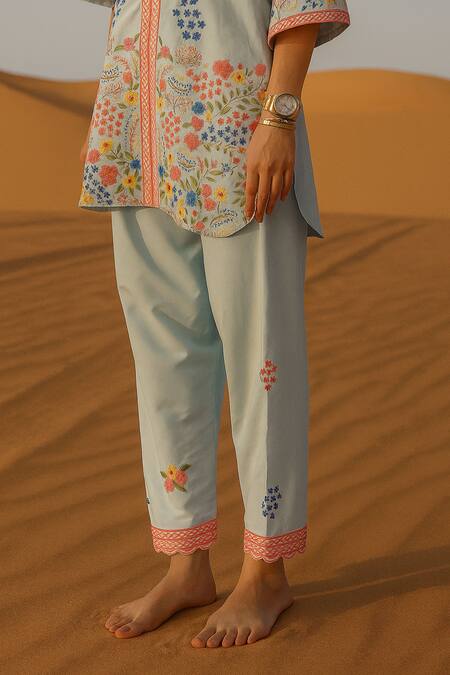 Buy_Samatvam By Anjali Bhaskar_Blue Cotton, Silk Embroidery Collared Gulrang Tunic With Pant _Online_at_Aza_Fashions