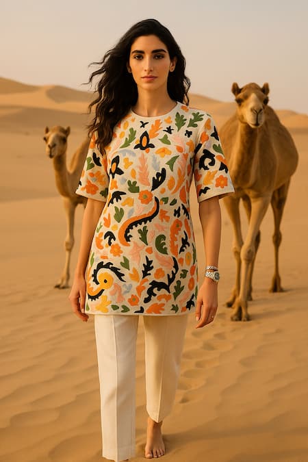 Samatvam By Anjali Bhaskar Cream Embroidery Round Neck Khwaab Tunic With Pant 