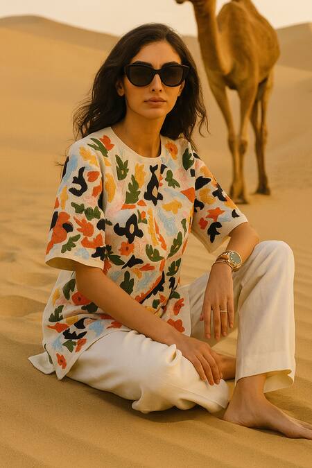 Buy_Samatvam By Anjali Bhaskar_Cream Embroidery Round Neck Khwaab Tunic With Pant _Online_at_Aza_Fashions