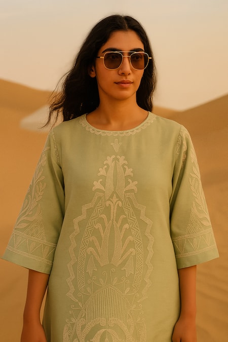Buy_Samatvam By Anjali Bhaskar_Green Chanderi Embroidery Round Neck Mahreen Kurta With Pant _Online_at_Aza_Fashions