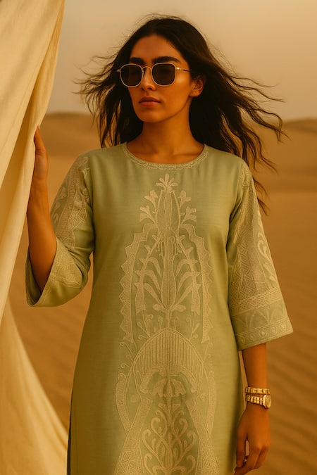 Shop_Samatvam By Anjali Bhaskar_Green Chanderi Embroidery Round Neck Mahreen Kurta With Pant _Online_at_Aza_Fashions
