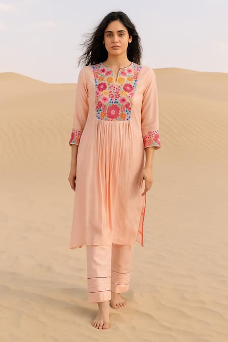 Samatvam By Anjali Bhaskar Pink Chanderi Embroidery, Tassels Split V-neck Rangrez Kurta Set