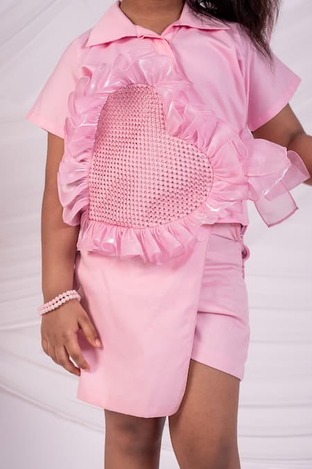 Toplove_Pink Cotton Rhinestones Big Heart Skorts Set _Online_at_Aza_Fashions