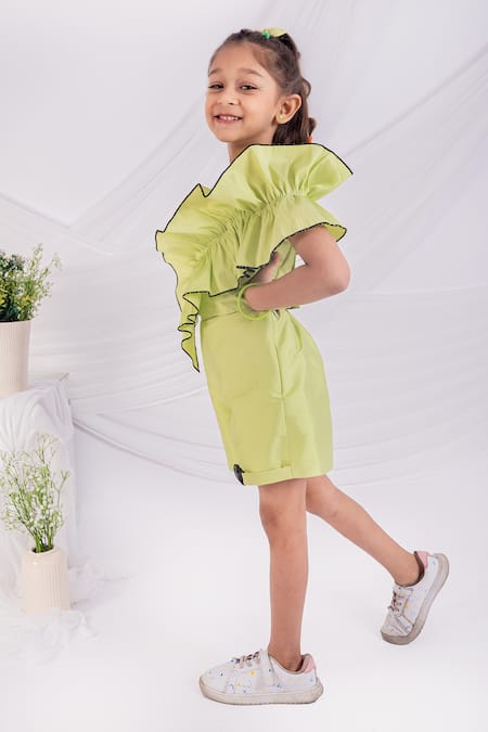 Toplove_Lime Taffeta Big Ruffle Shorts Set _Online_at_Aza_Fashions