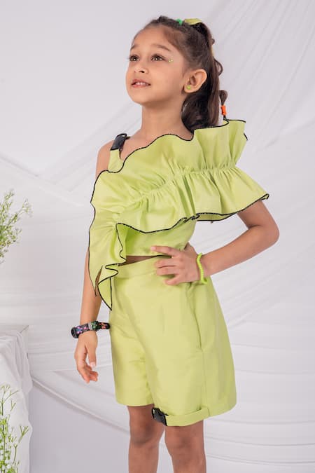 Buy_Toplove_Lime Taffeta Big Ruffle Shorts Set _Online_at_Aza_Fashions