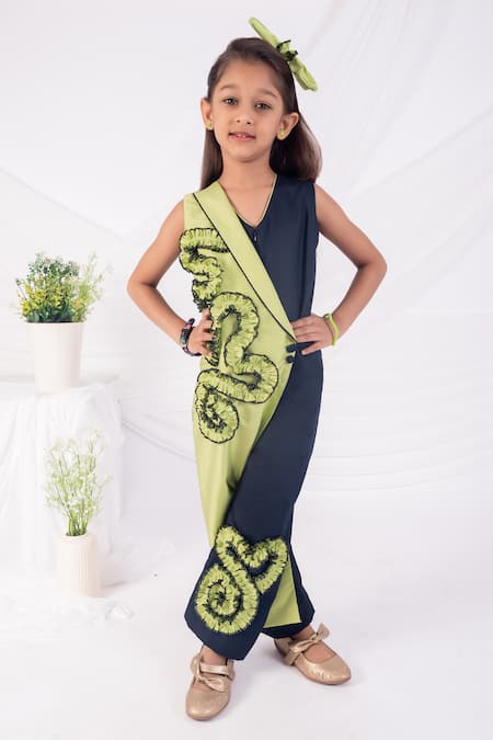 Toplove Lime Taffeta, Cotton, Twill Fringe Twirl And jumpsuit 