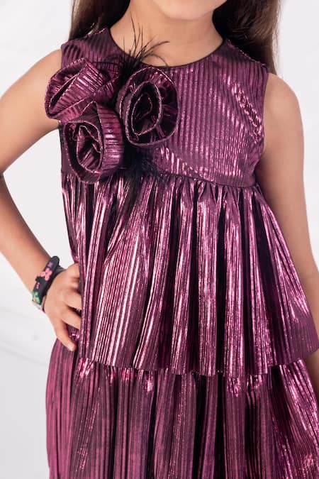 Toplove_Purple Knit Fabric Flowers, Feathers Berry Pop Rosette Dress _Online_at_Aza_Fashions