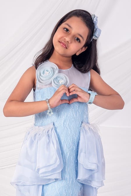 Buy_Toplove_Blue Fur, Organza Pearls Frost Cascade Trail Dress _Online_at_Aza_Fashions