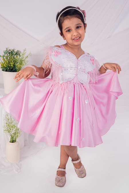 Toplove Pink Satin Pearls Papillon Butterfly Dress 