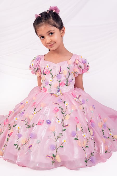 Toplove_Pink Satin, Organza Beads, Pearls, Sequins Spring Meadow Dress _Online_at_Aza_Fashions