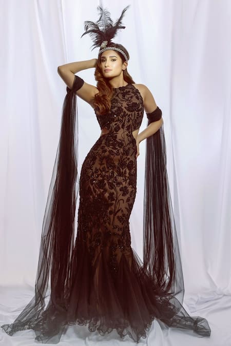 Mehul Gupta Black Hand Embroidered Gown & Dupatta Set 