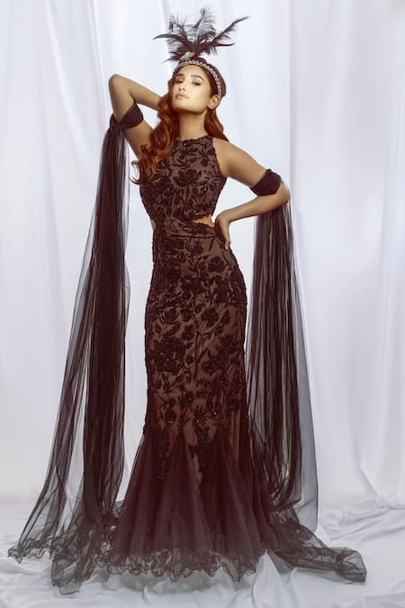 Mehul Gupta_Black Net Embroidery Halter Neck Hand Gown And Dupatta Set _at_Aza_Fashions