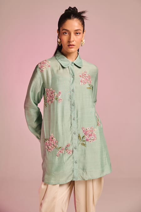 Kalista_Aqua Silk, Viscose Embroidery Collared Jane Draped Pant Set _at_Aza_Fashions