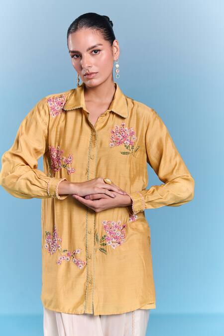 Shop_Kalista_Yellow Silk, Viscose Embroidery Collared Jane Draped Pant Set _Online_at_Aza_Fashions